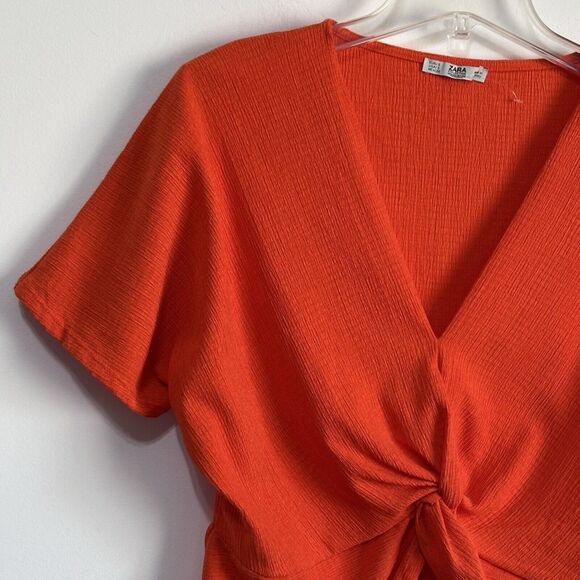 Zara Knot Twist Front Top Shirt S Orange Textured Popover Summer Boho Festival - Picture 4 of 11